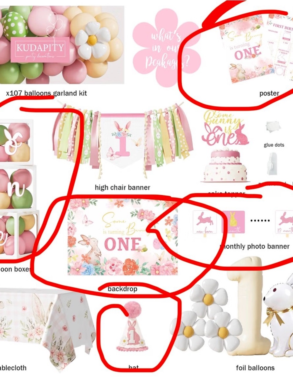 First Birthday Party Decorations Kit - Pink Floral Bunny Theme